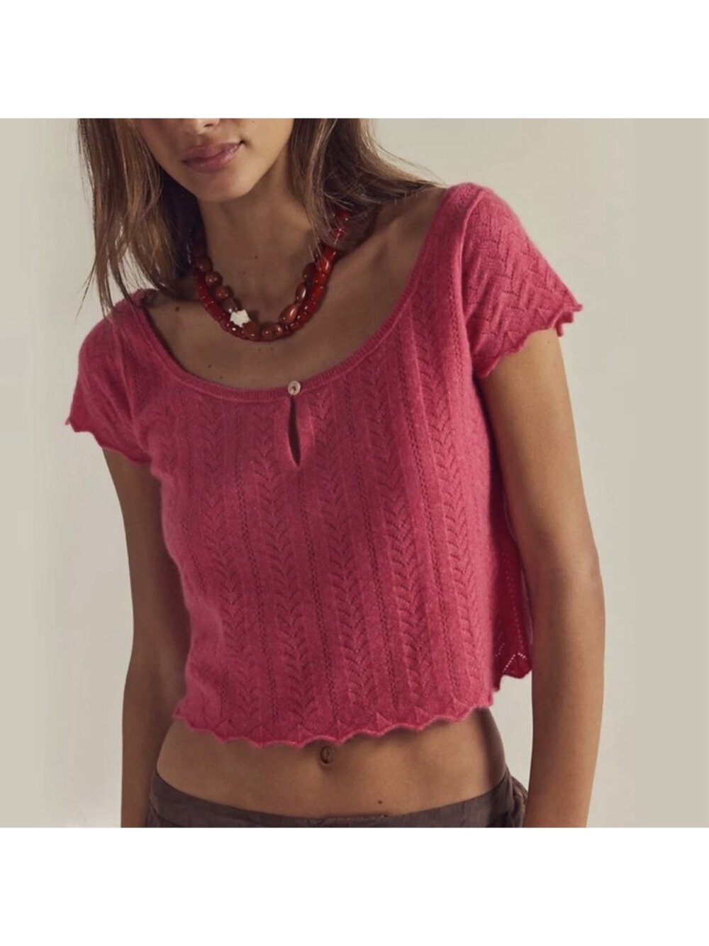 Free People Pink Hera Cashmere Pointelle Sweater Crop Top Women’s Size Small